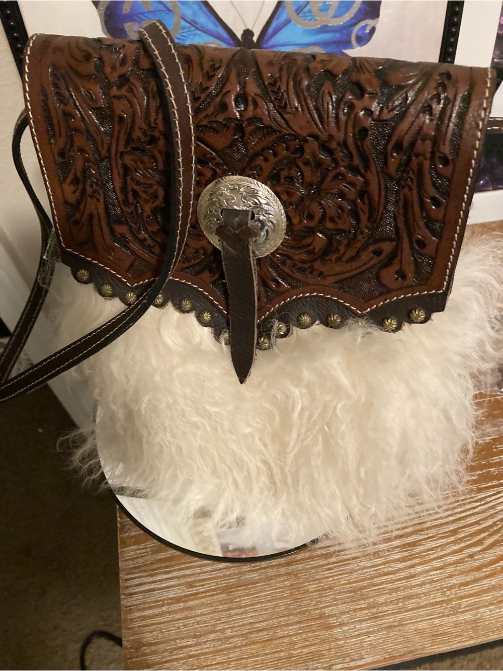 Montana Silversmiths Brown Tooled Leather Crossbody with White Shearling
